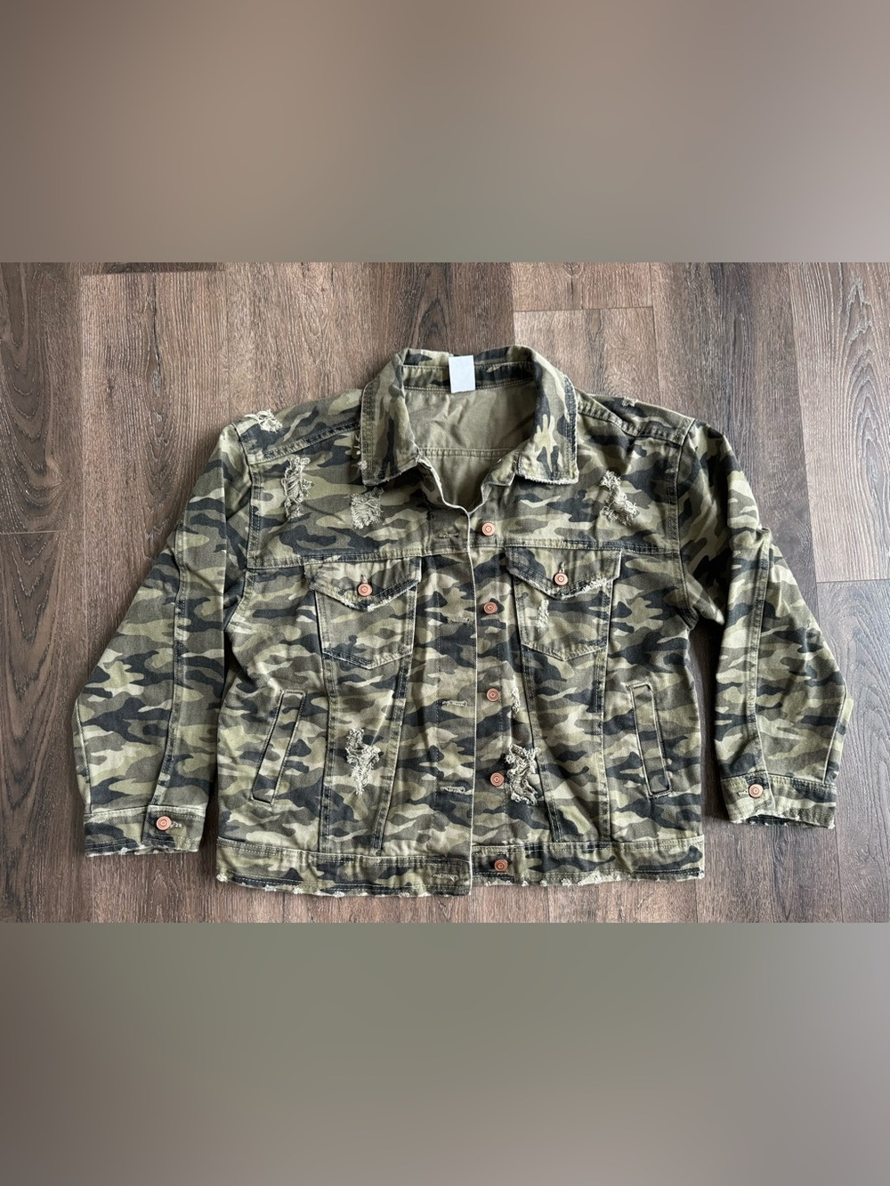 No Boundaries Distressed Camo Denim Jacket - Olive Green